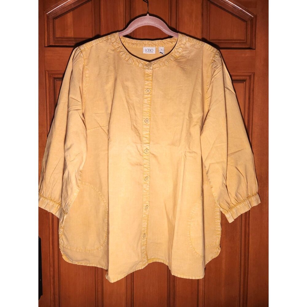 Logo by Lori Goldstein Yellow Button-Front Tunic Top Pockets Womens Size XL NWT!